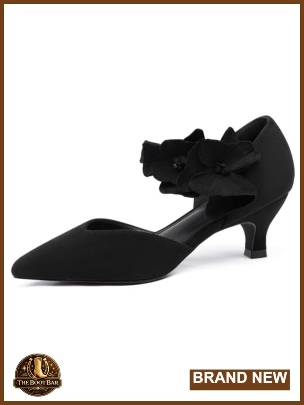 Womens Low Kitten Heel Pumps Pointed Toe Flower Ankle Strap Dressy Heels